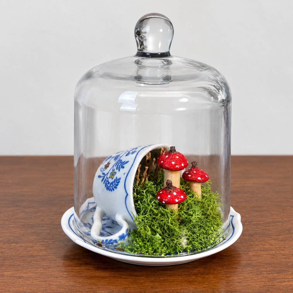 Vintage Glass Cloche Bell Jar Blue Floral Porcelain Woodland Mushroom Display
